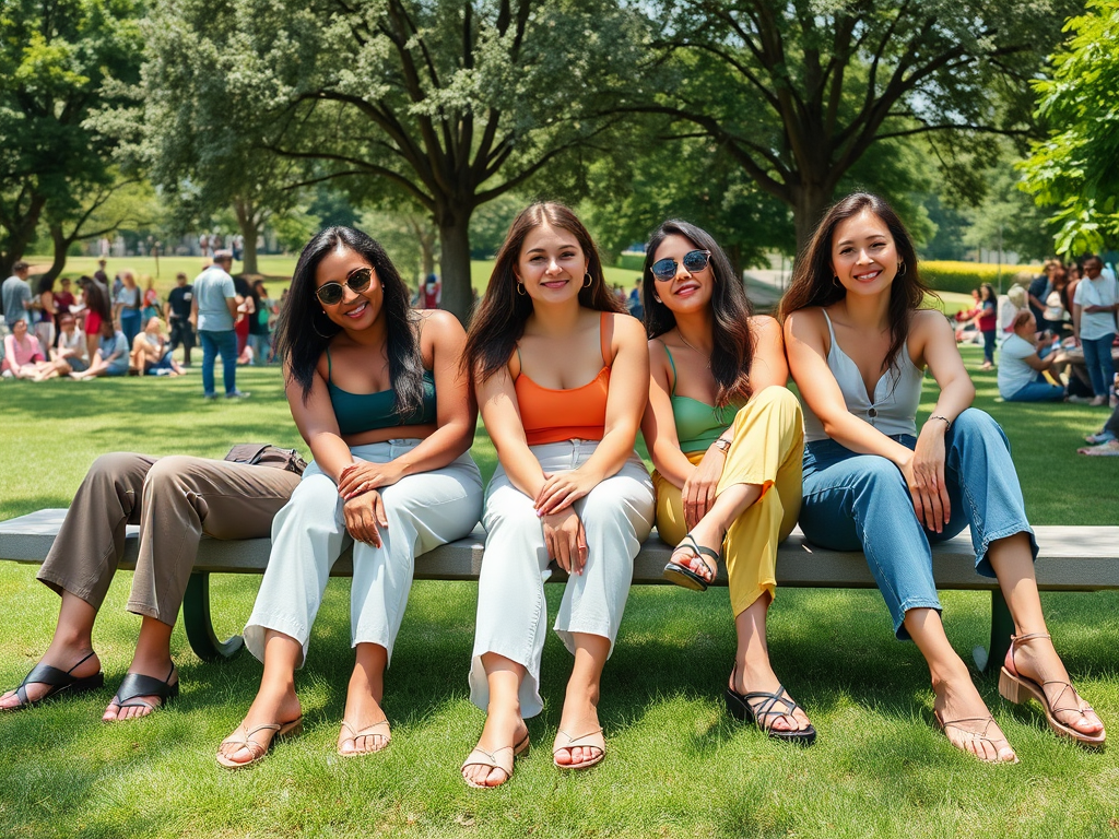 Vijf vrouwen zitten op een bank in het park, allemaal in kleurrijke topjes en lichte jeans, met zonneschijn.