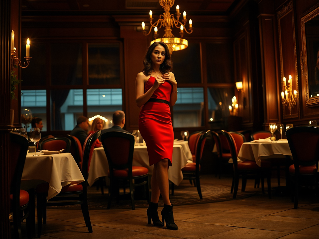 Een vrouw in een rode jurk poseert in een sfeervol restaurant met gedimde verlichting en gedekte tafels.