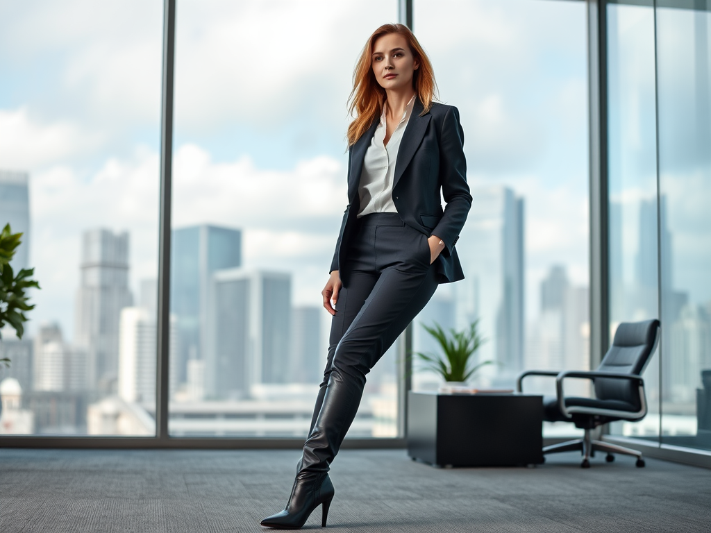 Een vrouw in een professioneel pak poseert in een moderne kantoorruimte met stadszicht op de achtergrond.