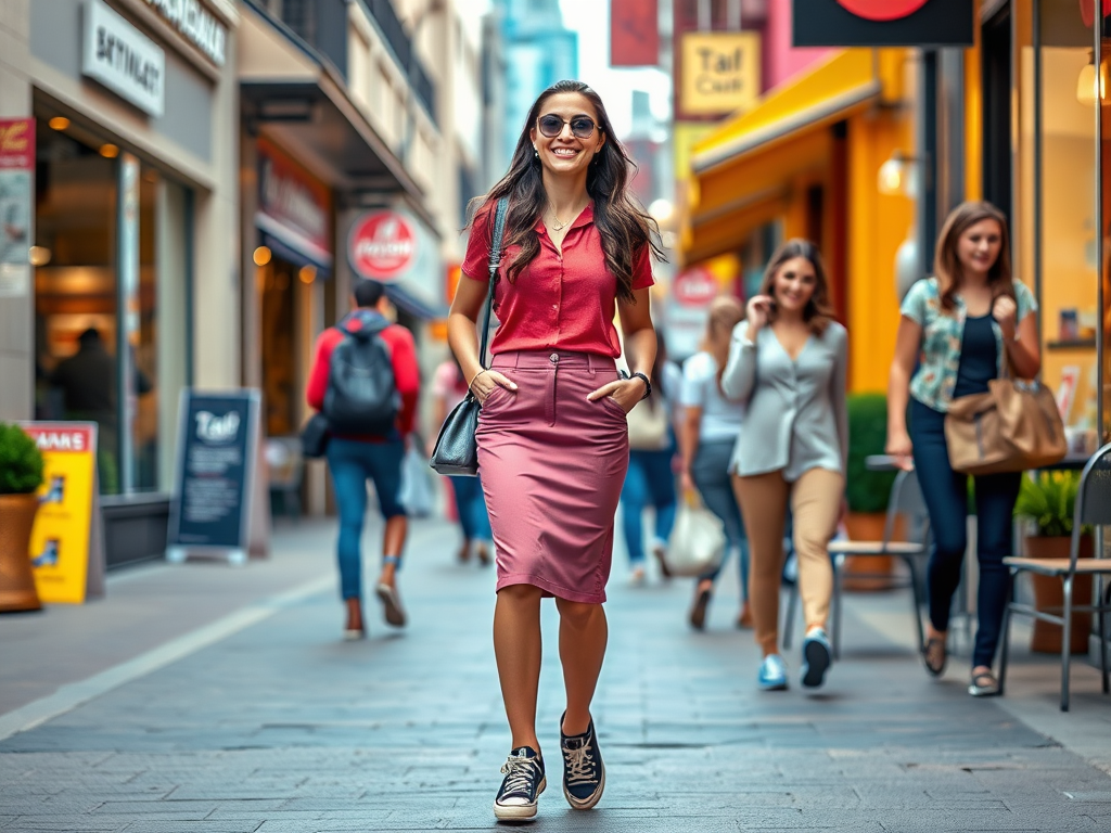 Een vrouw loopt zelfverzekerd door een drukke straat, omringd door andere shoppers in een levendige omgeving.