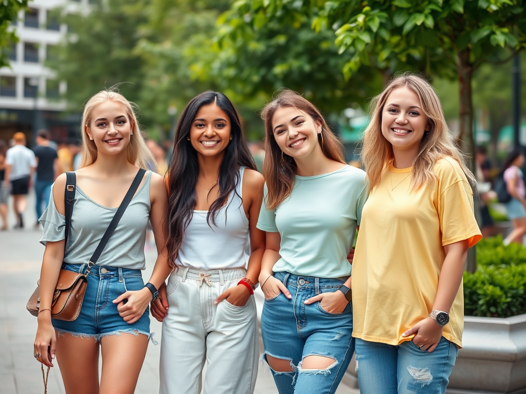 Vier jonge vrouwen lachen en poseren samen op een drukke straat, omringd door groene bomen en mensen.