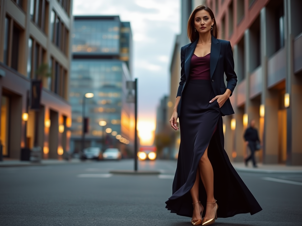 Een vrouw in een elegante outfit loopt over een straat met moderne gebouwen bij zonondergang.