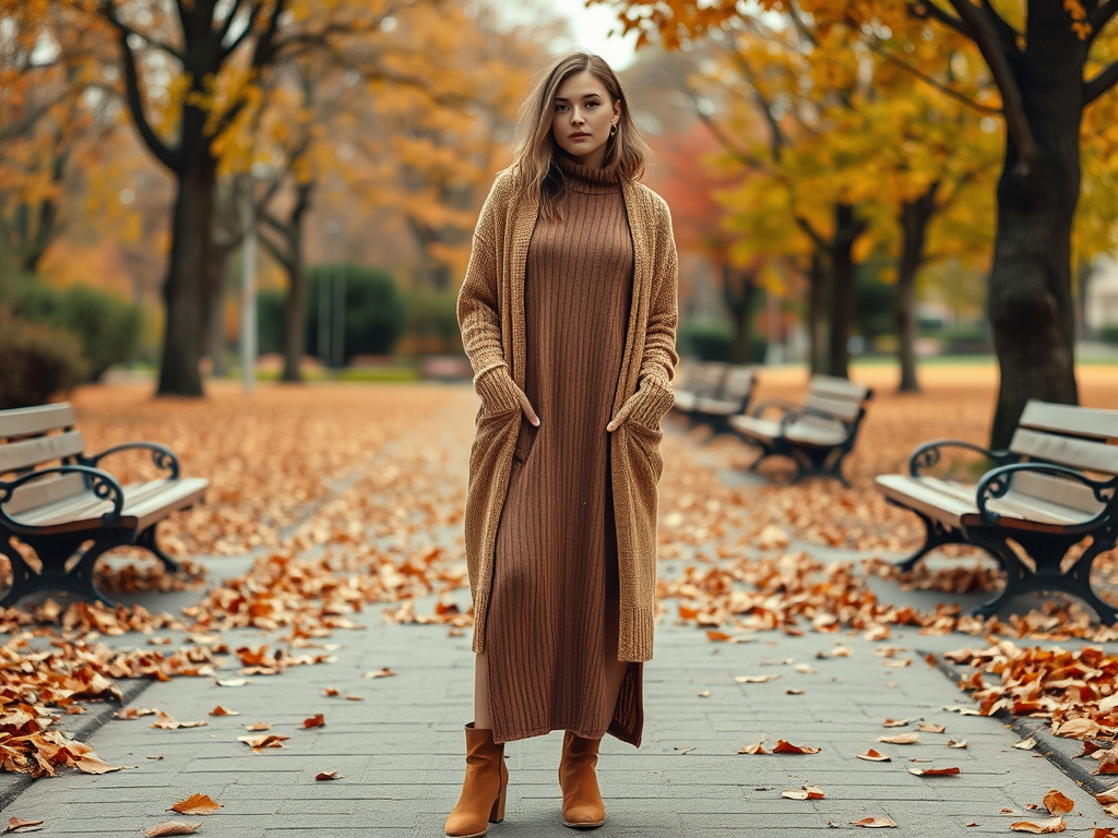 Een vrouw in een bruin vest en lange jurk staat op een pad vol bladeren in een herfstpark.