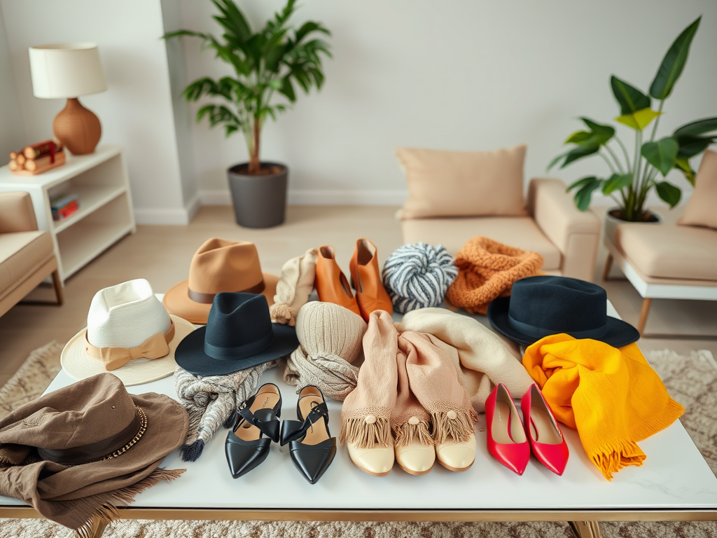 Een tafel vol modieuze accessoires: hoeden, sjaals, schoenen en een plant in een lichte woonkamer.