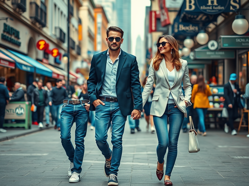 Een modieus stel wandelt hand in hand door een drukke straat met winkels en mensen om hen heen.