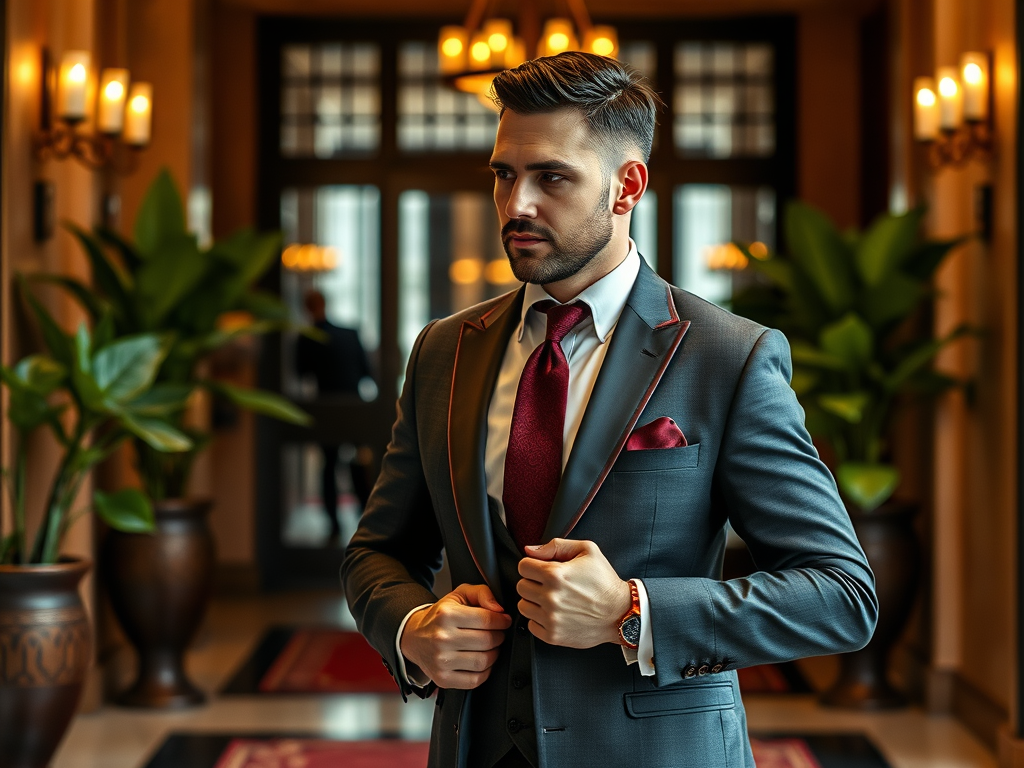 Een man in een chique grijs pak staat in een elegante lobby met planten en kroonluchters op de achtergrond.