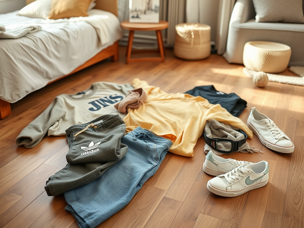 Een grote verscheidenheid aan kledingstukken en schoenen op een houten vloer, met een bed op de achtergrond.