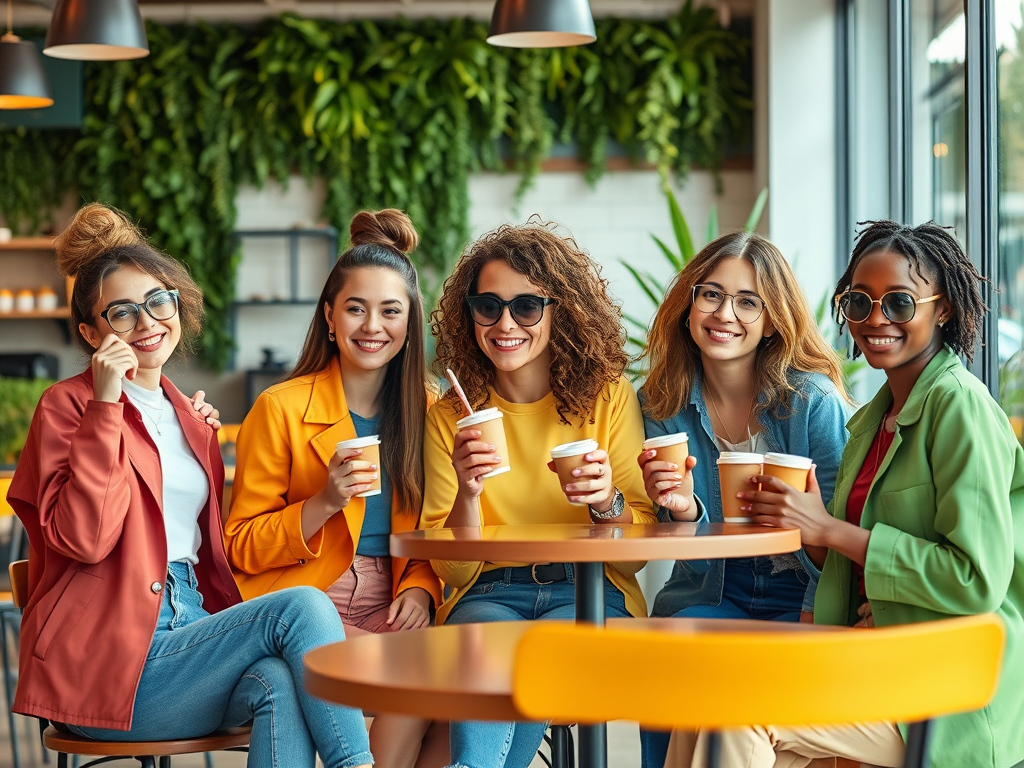 Vijf vrouwen met koffie in een trendy café, lachend en gezellig samen in een groene omgeving.