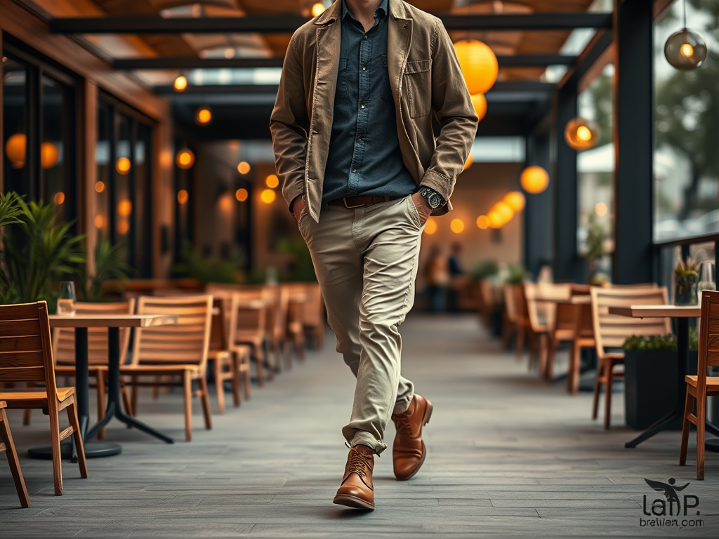 Een man in casual kleding wandelt door een modern restaurant met warme verlichting en houten tafels.